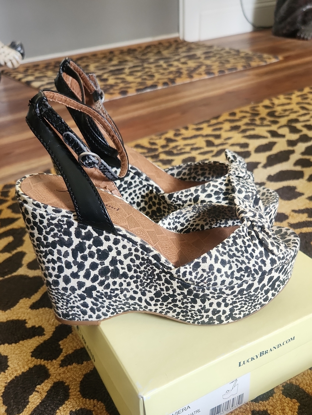 Lucky Brand Black & White Leopard-Print Wedge Platform  Sandals - 7.5M